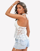 White lace halter tank top with open back tie bow and flared peplum hem