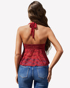 Wine red lace halter tank top with open back bow tie and flared peplum hem