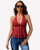 Wine red lace halter tank top with deep V neckline and flared peplum hem