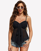 Black mesh cami bralette top with tie-front bow and spaghetti straps