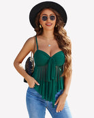 Green mesh cami bralette top with tie-front bow and spaghetti straps