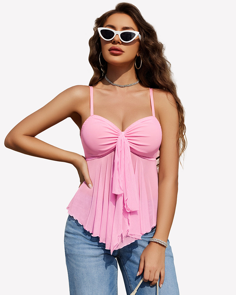 Pink mesh cami bralette top with tie-front bow and spaghetti straps