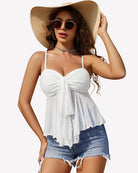 White mesh cami bralette top with spaghetti straps, ruched front knot and flared hem
