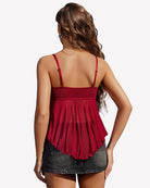 Wine red mesh cami bralette top with open back, spaghetti straps and layered flared hem