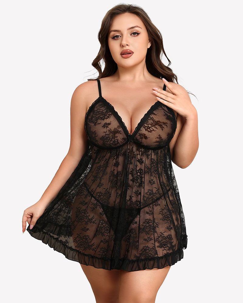 Black lace babydoll chemise with V-neck, adjustable straps, and ruffled hem