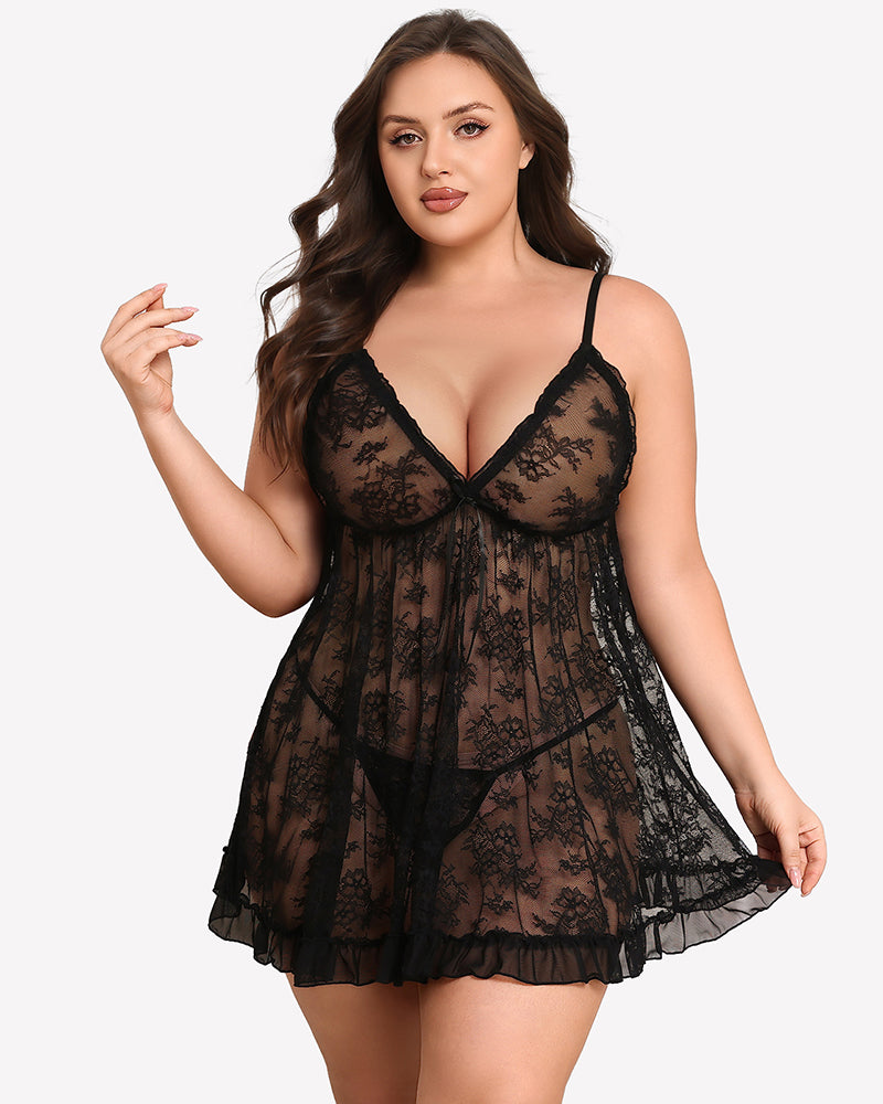Black lace babydoll chemise with V-neck, adjustable straps, and flared ruffle hem