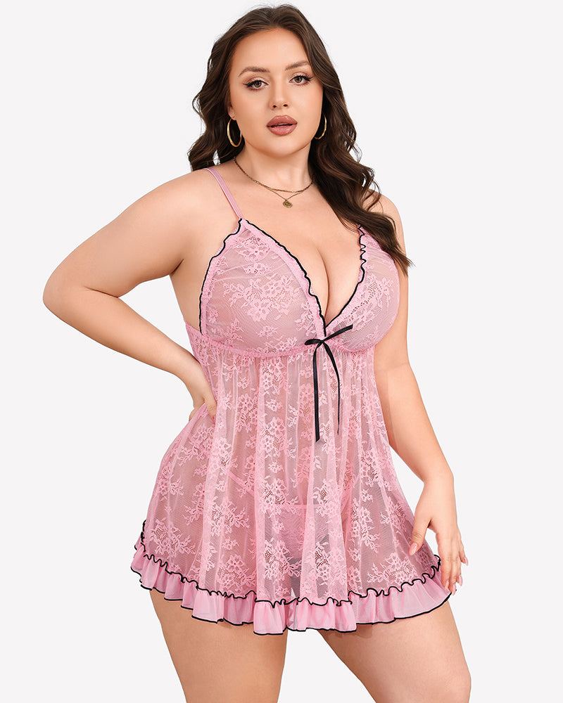 Pink lace babydoll nightgown with V-neck, bow tie, thin straps, ruffled hem
