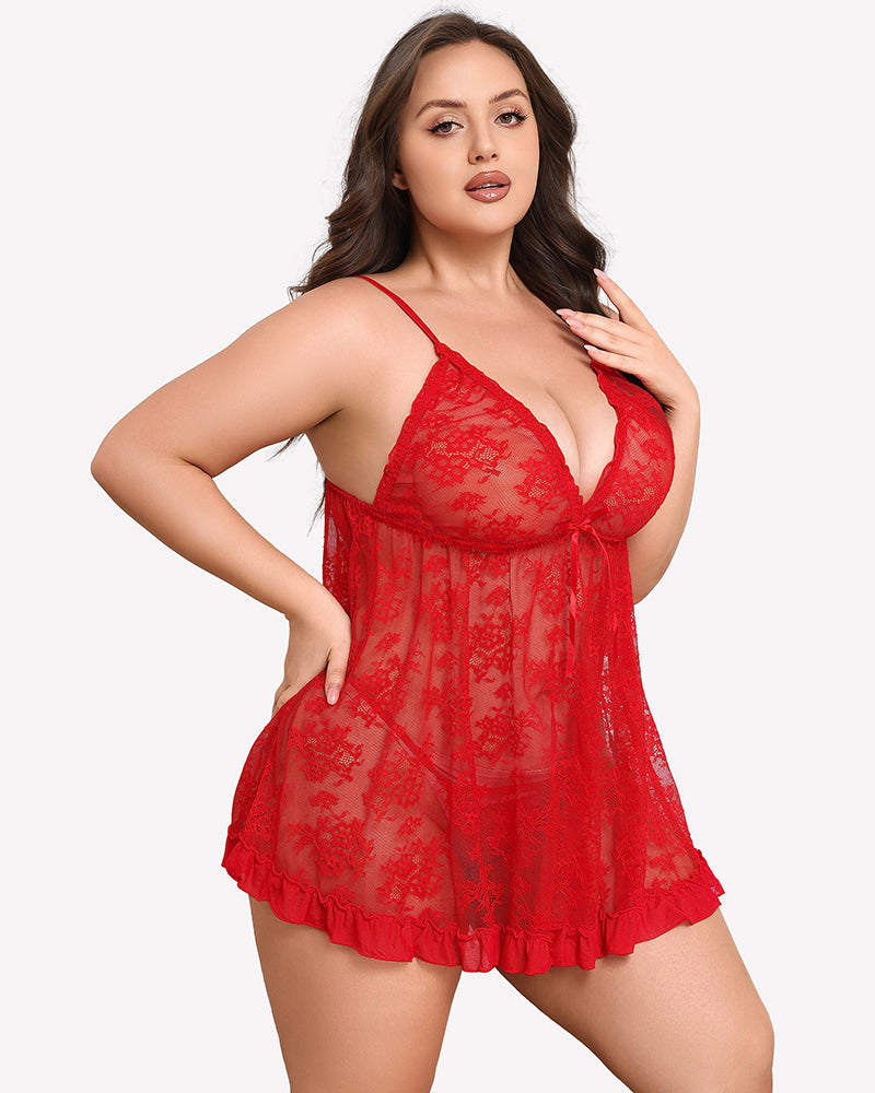 Red lace babydoll chemise with V-neck, adjustable straps, and ruffled hem