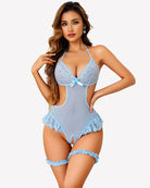 Light blue sheer lace bodysuit with plunge cups, ribbon tie, and ruffled garter bands