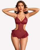 Burgundy sheer lace bodysuit with lace triangle cups and ruffled garter thigh bands