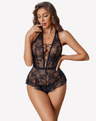 Black lace halter teddy bodysuit with crisscross front and sheer shorts