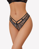 Low-rise mesh cheeky panty in black and leopard with crisscross strap back