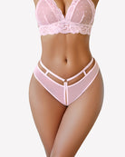 Low-rise mesh cheeky panty in light pink with crisscross straps and center bow