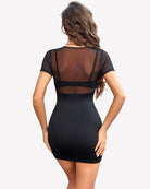 Black sheer mesh bodycon mini dress, back view with mesh panel and straps