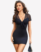 Black sheer mesh bodycon mini dress with deep V neckline and tie-front