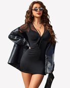 Black sheer mesh bodycon mini dress with deep V tie-front and short sleeves