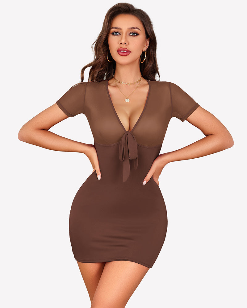 Brown sheer mesh bodycon mini dress with deep V neckline and front bow