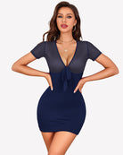 Navy sheer mesh bodycon mini dress with deep V neckline and tie-front