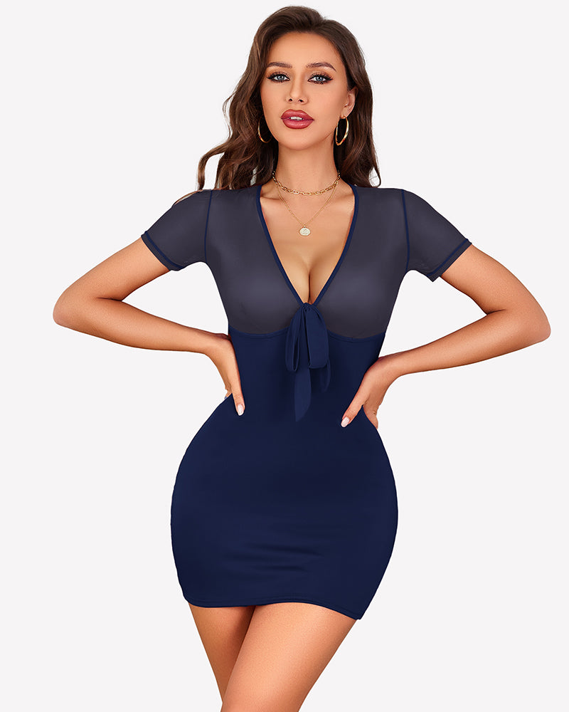 Navy sheer mesh bodycon mini dress with deep V neckline and tie-front