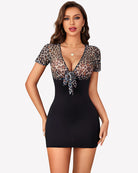 Leopard sheer mesh bodycon mini dress with deep V neckline and bow tie