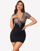 Leopard sheer mesh bodycon mini dress with deep V tie-front