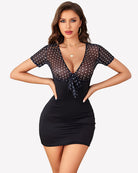 Black sheer mesh bodycon mini dress with dotted print and tie-front
