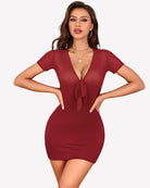 Sheer mesh bodycon mini dress in wine red with deep V and tie front