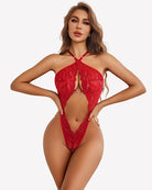 Red lace cutout teddy bodysuit with halter straps and heart-shaped detail