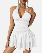 White V-neck ruched mini dress with tiered ruffle hem