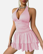 Light pink V-neck ruched mini dress with tiered skirt
