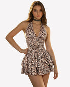 Leopard print V-neck ruched mini dress with layered ruffle hem