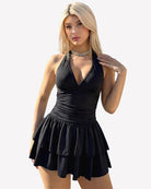 Black V-neck ruched mini dress with tiered ruffle skirt