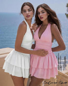 Pink and white V-neck ruched mini dress set with tiered skirts