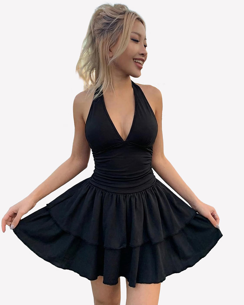 Black V-neck ruched mini dress with flared ruffle skirt