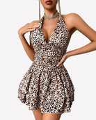 Leopard print V-neck ruched mini dress with gathered ruffle skirt