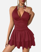 Wine red V-neck ruched mini dress with tiered ruffle hem
