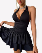 Black V-neck ruched mini dress with tiered ruffle hem