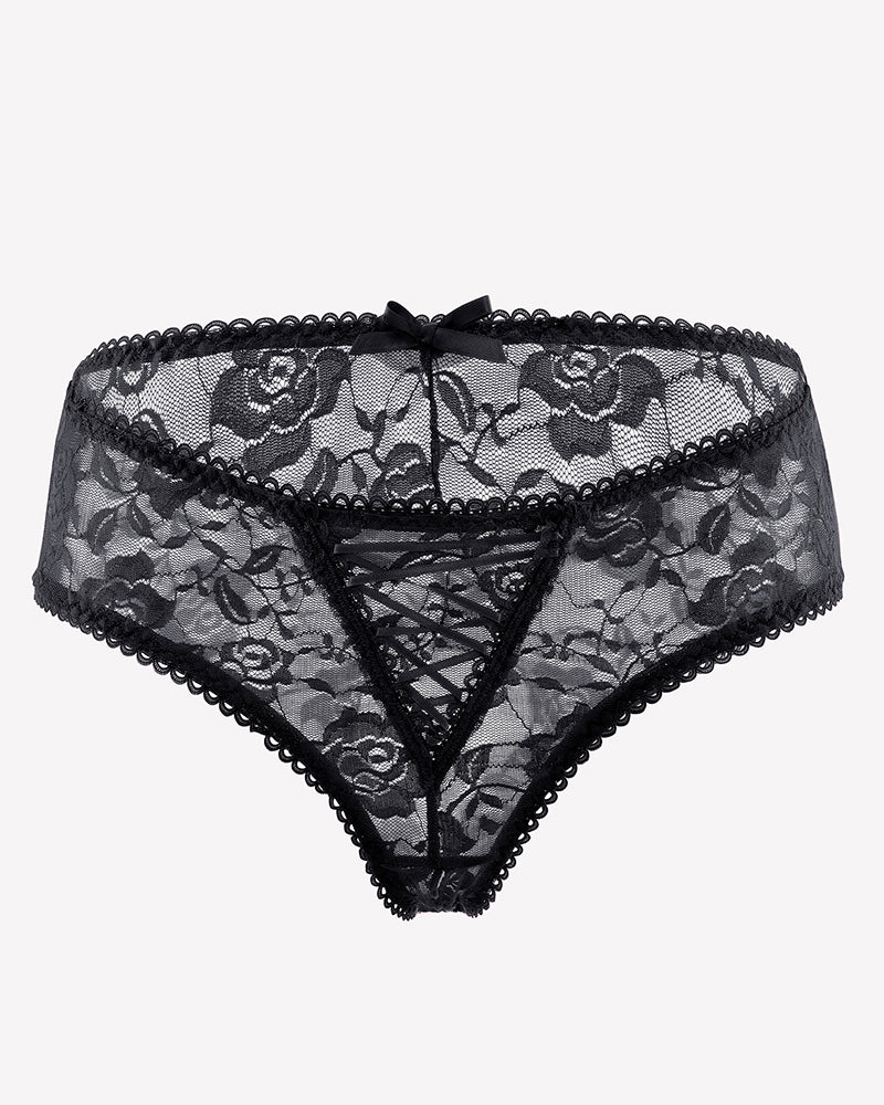 Black floral lace boyshort panties with hollow-out center and bow at waistband.