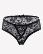 Black floral lace boyshort panties with hollow-out center and bow at waistband.