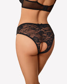 Black floral lace boyshort panties with hollow-out cutout and scalloped trim.