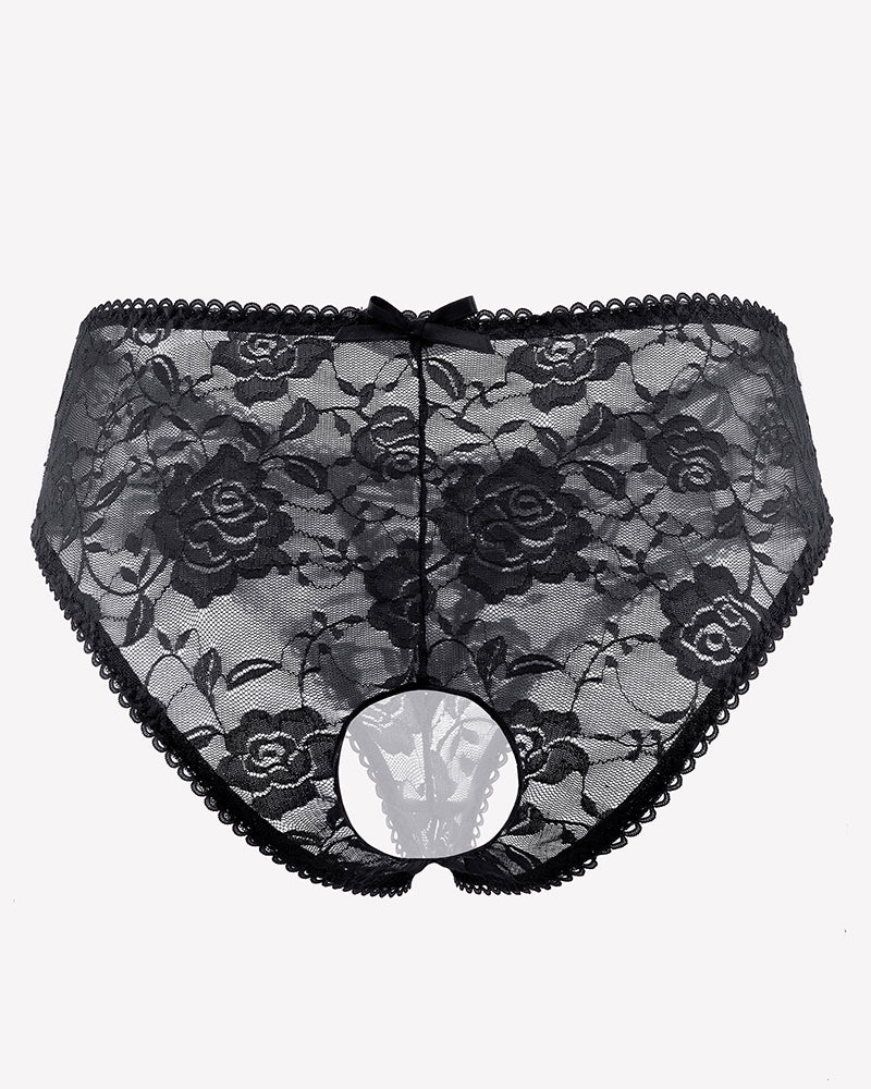 Black floral lace boyshort panties with hollow-out center and scalloped lace edges.