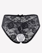 Black floral lace boyshort panties with hollow-out center and scalloped lace edges.
