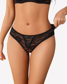 Black floral lace boyshort panties with hollow-out center and crisscross straps.