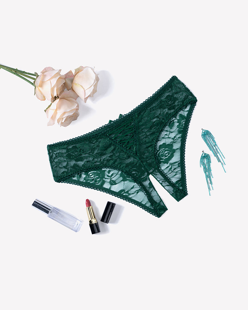 Green floral lace boyshort panties with hollow-out center and scalloped lace edges.
