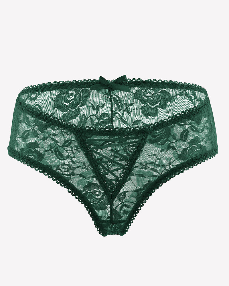 Green floral lace boyshort panties with hollow-out center and bow at waistband.