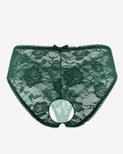 Green floral lace boyshort panties with hollow-out center and scalloped lace trim.