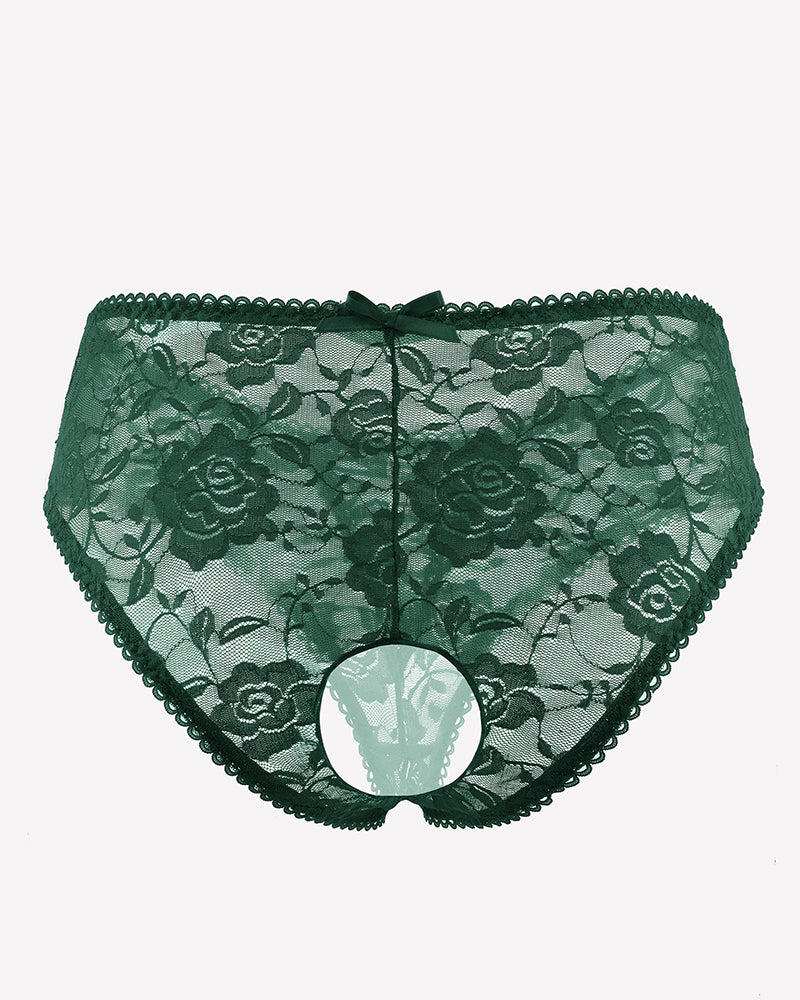 Green floral lace boyshort panties with hollow-out center and scalloped lace trim.