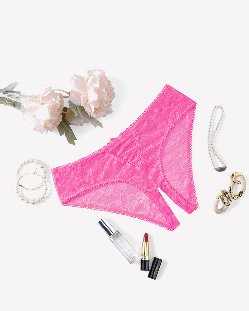 Floral lace boyshort panties in bright pink with scalloped edges and cutout front
