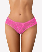 Floral lace boyshort panties in bright pink with scalloped waistband and cutout lace panel