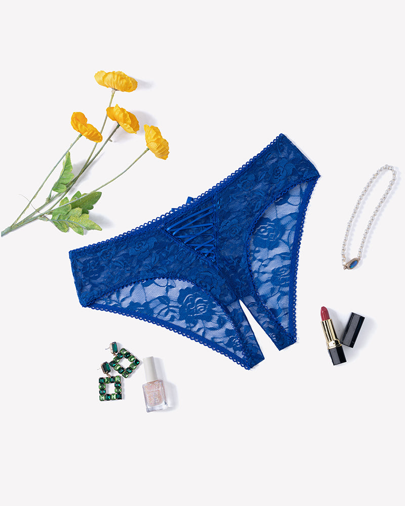 Floral lace boyshort panties in deep blue with scalloped trim and cutout front